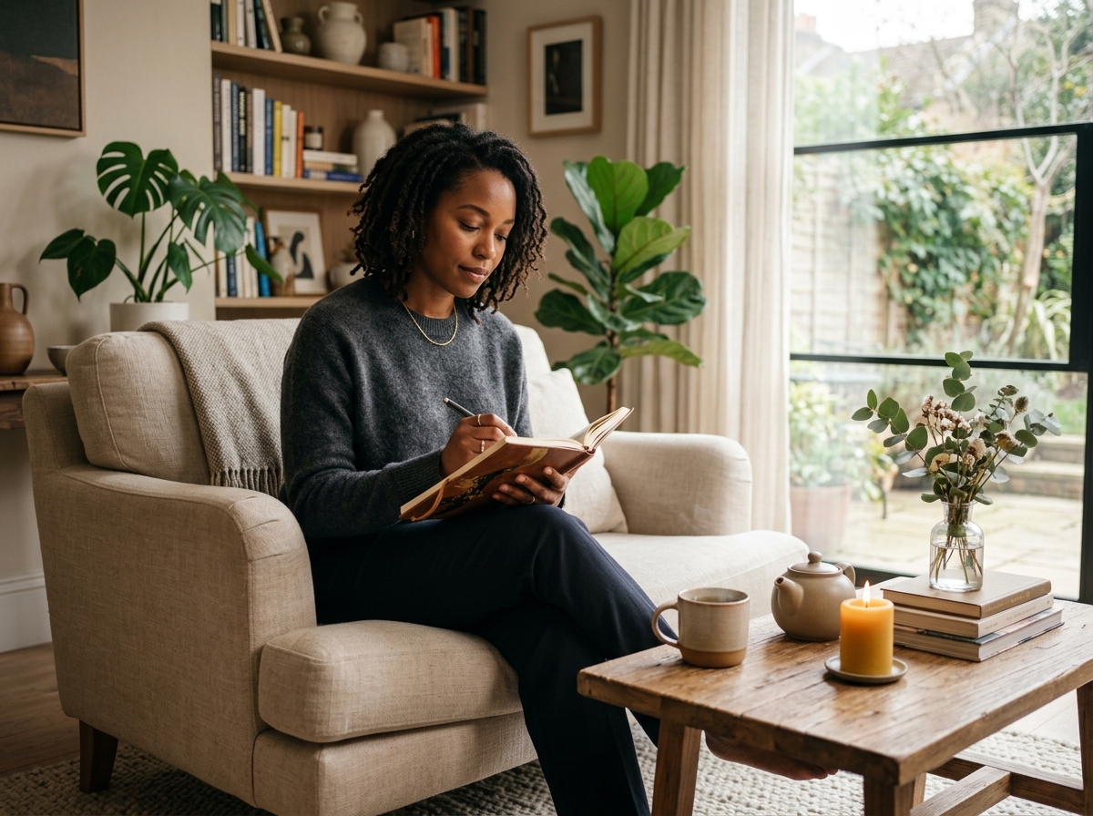 Black woman journaling during a calm self-care routine